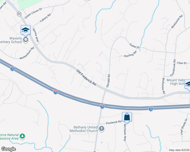 map of restaurants, bars, coffee shops, grocery stores, and more near 9976 Old Frederick Road in Ellicott City