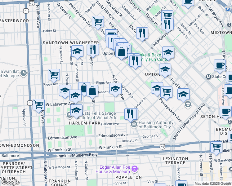 map of restaurants, bars, coffee shops, grocery stores, and more near 919 North Arlington Avenue in Baltimore
