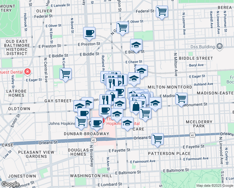 map of restaurants, bars, coffee shops, grocery stores, and more near 855 North Wolfe Street in Baltimore