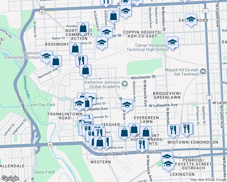 map of restaurants, bars, coffee shops, grocery stores, and more near 1016 Braddish Avenue in Baltimore