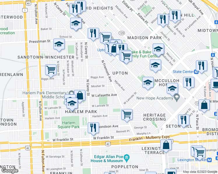 map of restaurants, bars, coffee shops, grocery stores, and more near 919 North Arlington Avenue in Baltimore