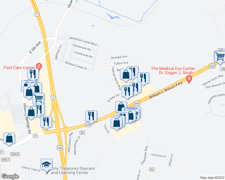 map of restaurants, bars, coffee shops, grocery stores, and more near 22 Spring Run Lane in Charles Town