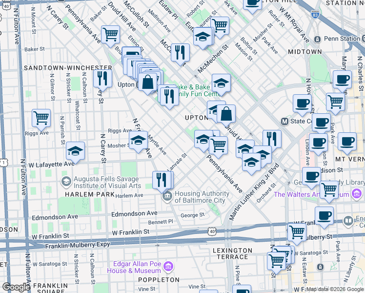 map of restaurants, bars, coffee shops, grocery stores, and more near 1321 Argyle Avenue in Baltimore