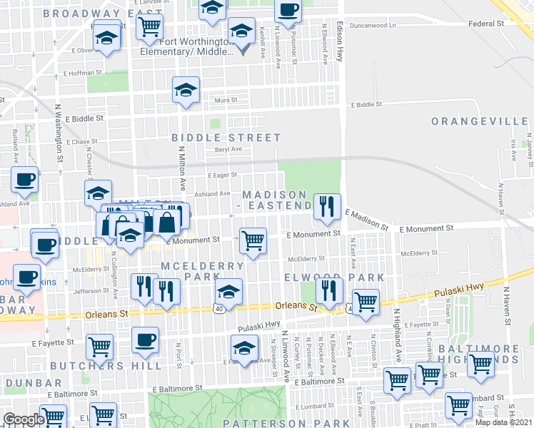 map of restaurants, bars, coffee shops, grocery stores, and more near E Madison St & N Streeper St in Baltimore