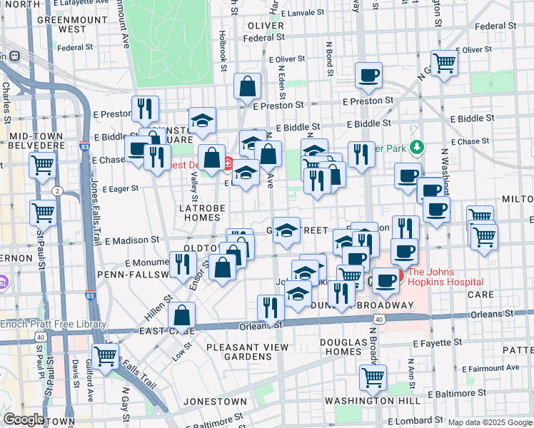 map of restaurants, bars, coffee shops, grocery stores, and more near 1233 Ashland Avenue in Baltimore