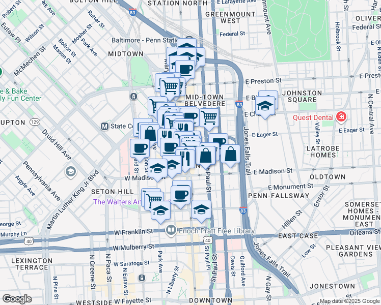 map of restaurants, bars, coffee shops, grocery stores, and more near 911 South Charles Street in Baltimore