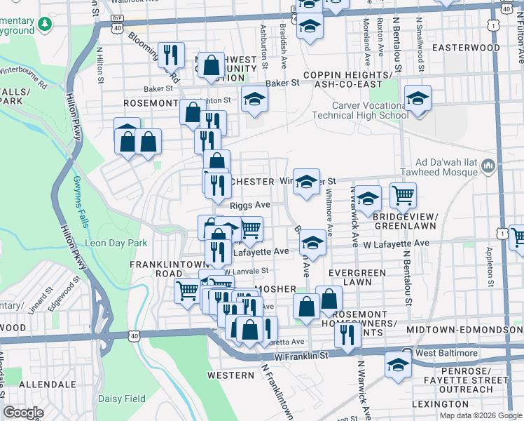 map of restaurants, bars, coffee shops, grocery stores, and more near 1006 Ashburton Street in Baltimore