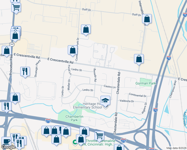 map of restaurants, bars, coffee shops, grocery stores, and more near 12159 Benadir Road in Cincinnati