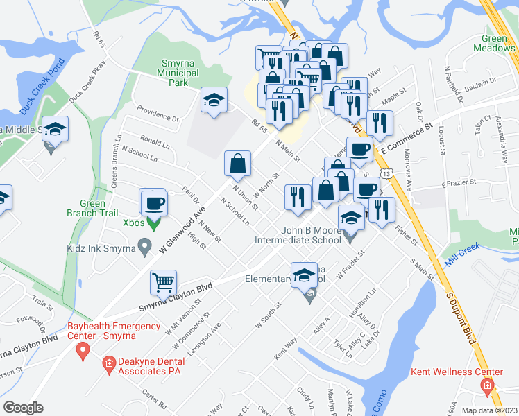 map of restaurants, bars, coffee shops, grocery stores, and more near 128 North Union Street in Smyrna