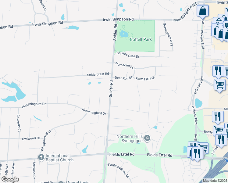 map of restaurants, bars, coffee shops, grocery stores, and more near 9532 Snider Road in Mason
