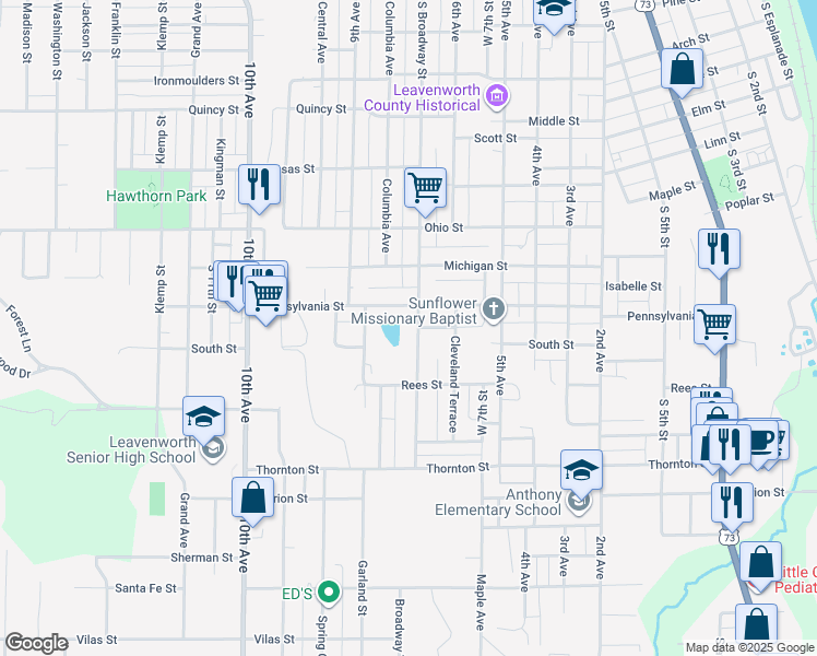 map of restaurants, bars, coffee shops, grocery stores, and more near 1708 S Broadway St in Leavenworth