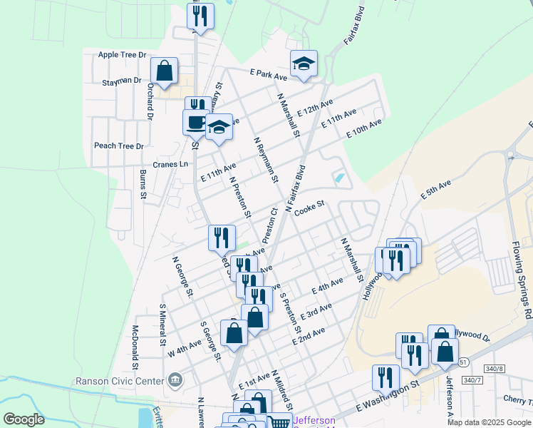 map of restaurants, bars, coffee shops, grocery stores, and more near 207 Preston Place in Ranson