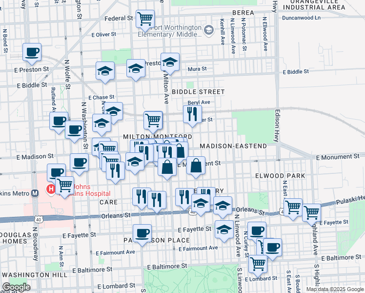 map of restaurants, bars, coffee shops, grocery stores, and more near 2528 East Madison Street in Baltimore