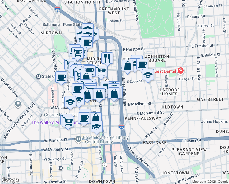 map of restaurants, bars, coffee shops, grocery stores, and more near 906 Stubblefield Lane in Baltimore