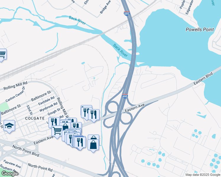 map of restaurants, bars, coffee shops, grocery stores, and more near 472 Mirabile Lane in Baltimore