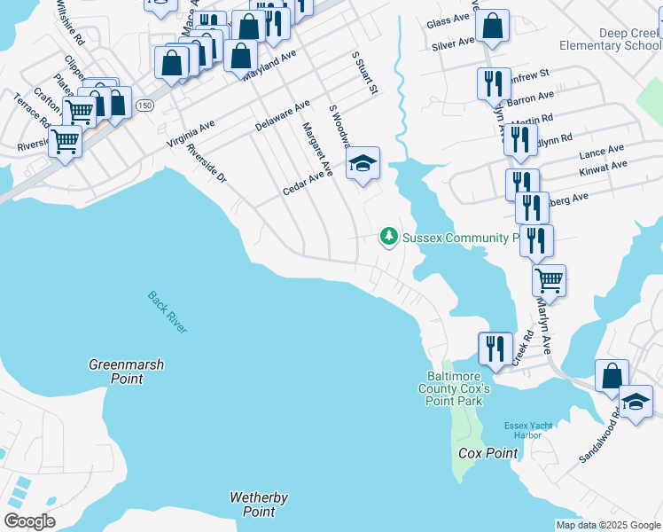 map of restaurants, bars, coffee shops, grocery stores, and more near 516 Riverside Drive in Essex