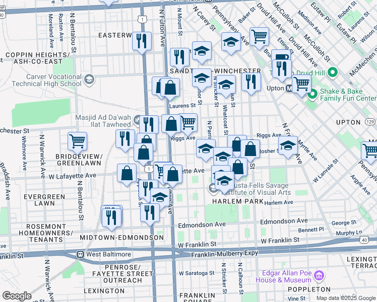 map of restaurants, bars, coffee shops, grocery stores, and more near 1007 North Mount Street in Baltimore