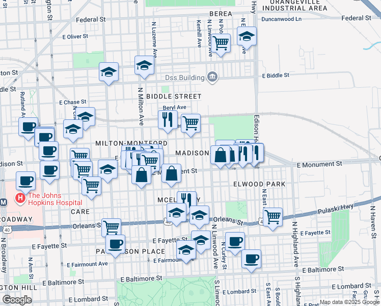 map of restaurants, bars, coffee shops, grocery stores, and more near 800 North Kenwood Avenue in Baltimore
