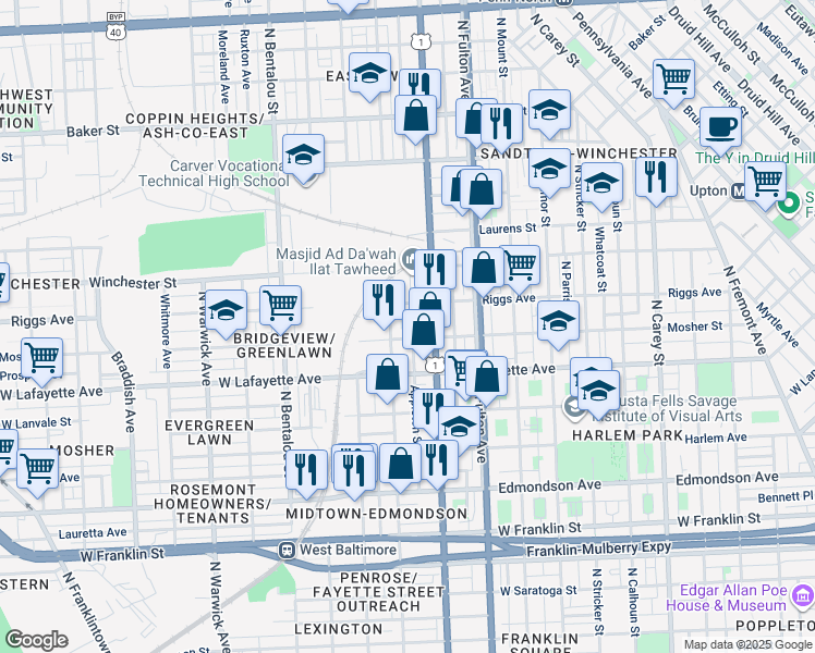 map of restaurants, bars, coffee shops, grocery stores, and more near 1002 Appleton Street in Baltimore
