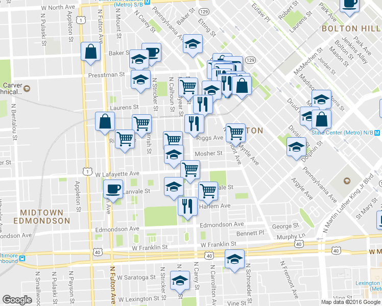 map of restaurants, bars, coffee shops, grocery stores, and more near 1000 N Carey St in Baltimore