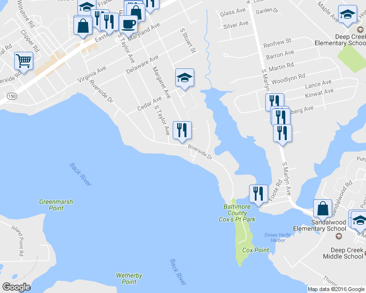 map of restaurants, bars, coffee shops, grocery stores, and more near 534 Riverside Dr in Essex