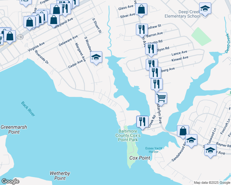 map of restaurants, bars, coffee shops, grocery stores, and more near 703 Riverside Drive in Essex