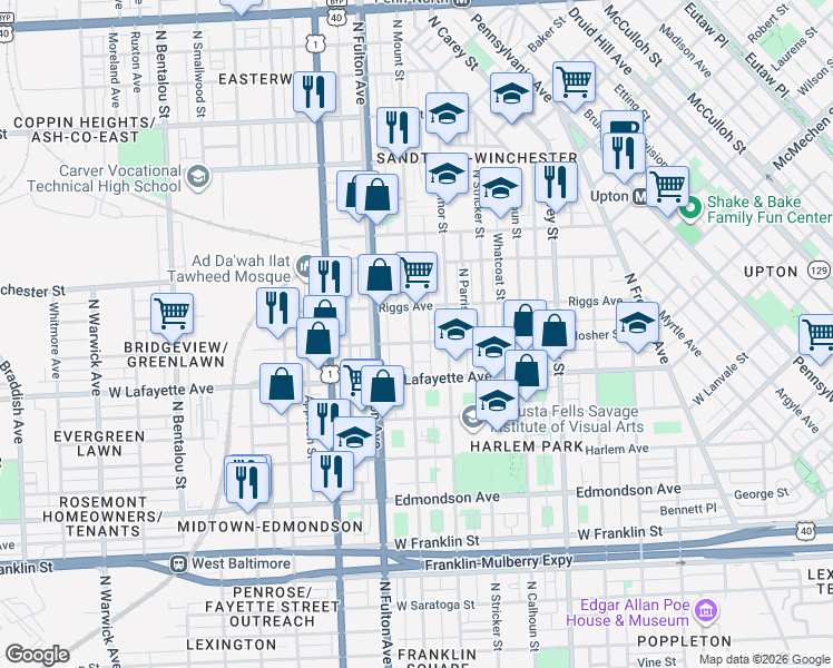 map of restaurants, bars, coffee shops, grocery stores, and more near 1011 North Mount Street in Baltimore