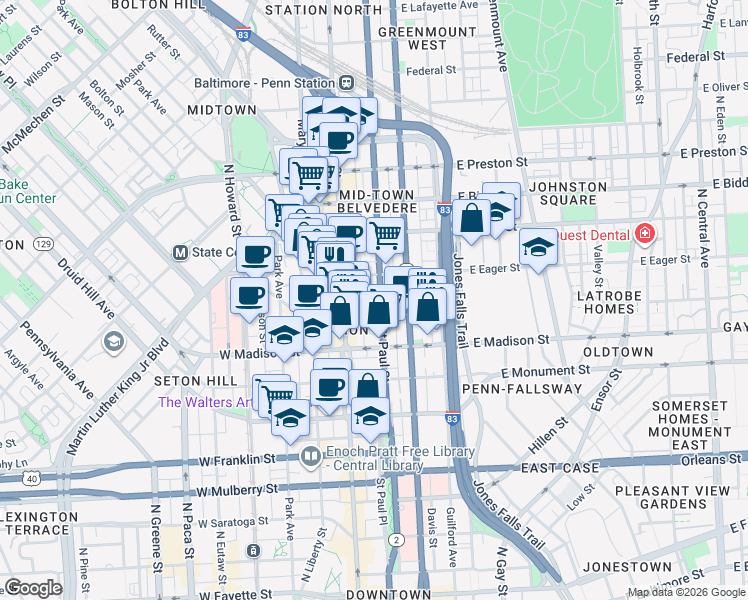 map of restaurants, bars, coffee shops, grocery stores, and more near 914 Saint Paul Street in Baltimore