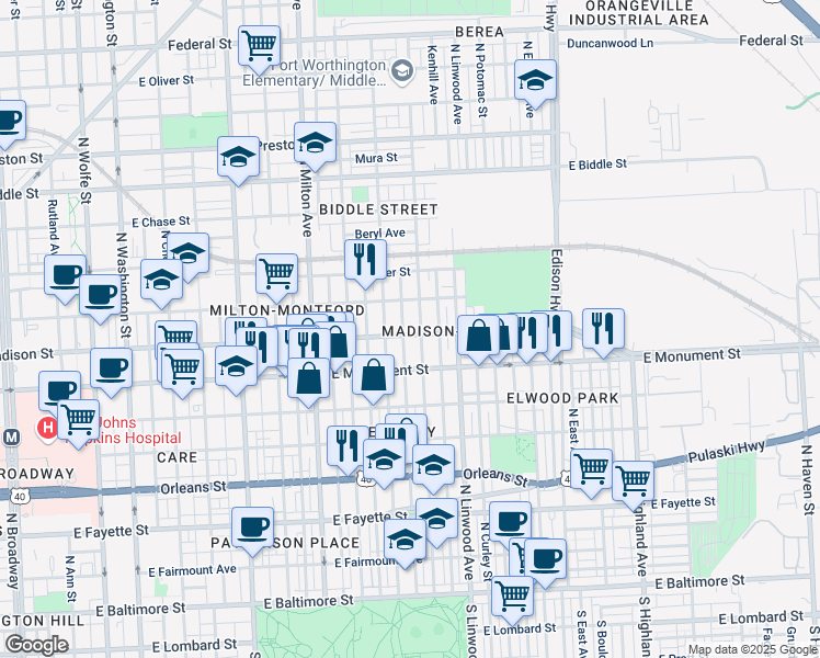 map of restaurants, bars, coffee shops, grocery stores, and more near 2728 East Madison Street in Baltimore