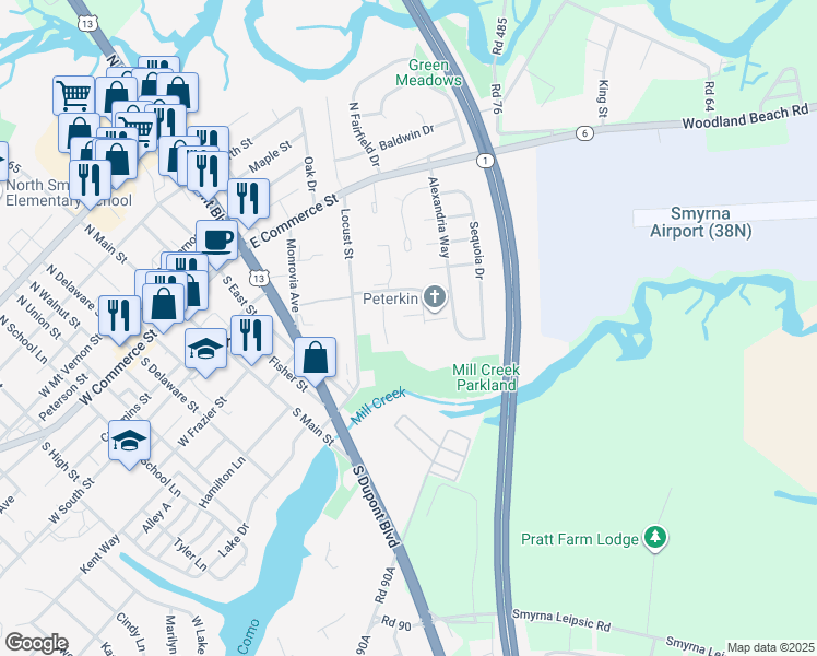 map of restaurants, bars, coffee shops, grocery stores, and more near 107 Lawn Drive in Smyrna