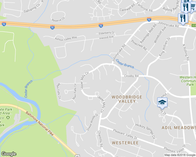 map of restaurants, bars, coffee shops, grocery stores, and more near 12 Stout Run Court in Catonsville