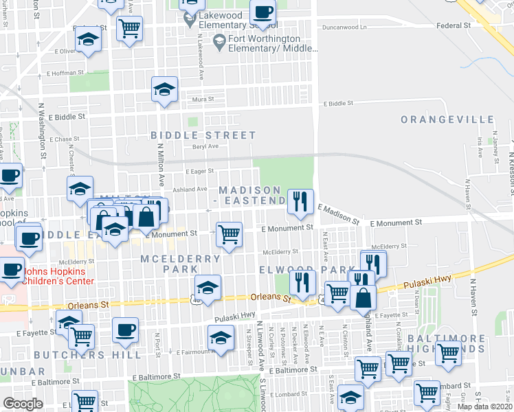 map of restaurants, bars, coffee shops, grocery stores, and more near 801 North Linwood Avenue in Baltimore