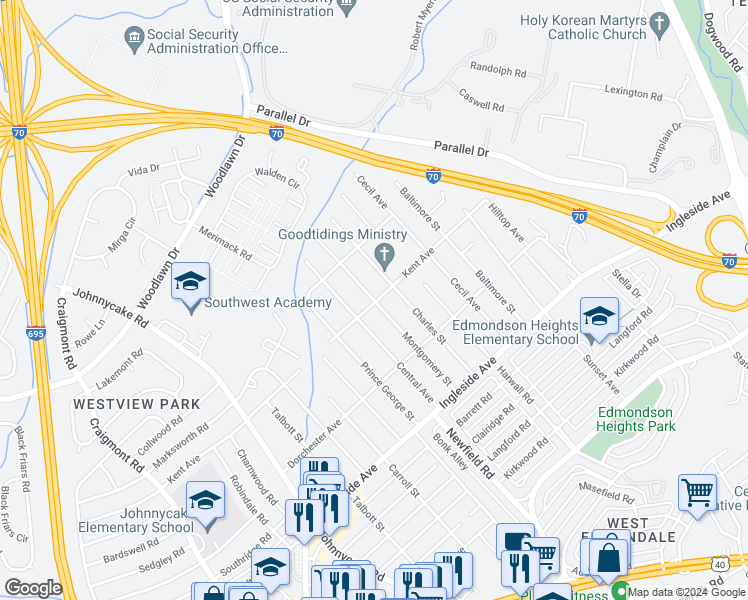map of restaurants, bars, coffee shops, grocery stores, and more near 1310 Kent Avenue in Woodlawn