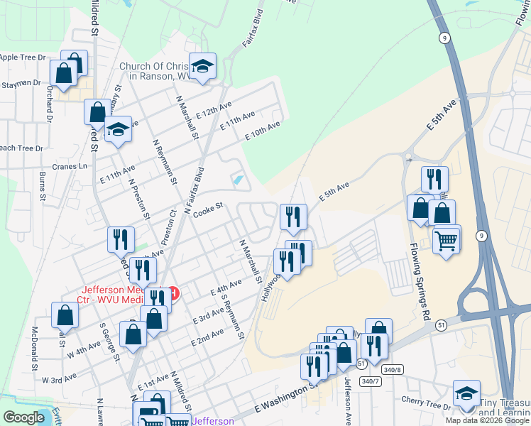 map of restaurants, bars, coffee shops, grocery stores, and more near 112 Estate Lane in Ranson