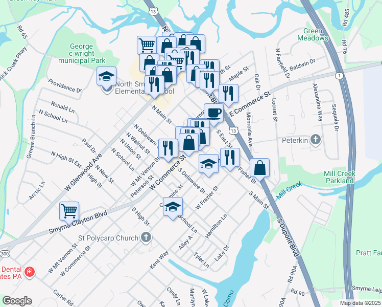 map of restaurants, bars, coffee shops, grocery stores, and more near 29 South Main Street in Smyrna
