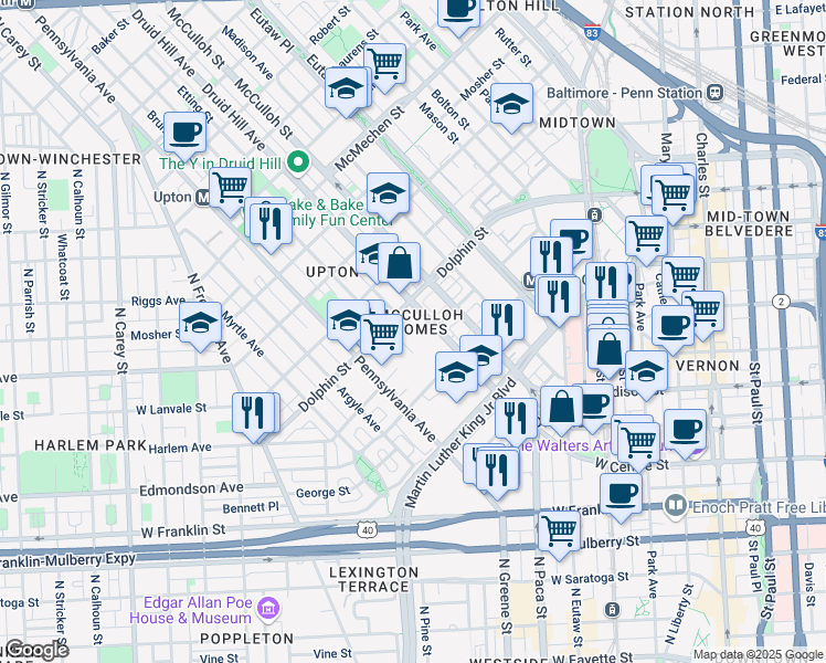 map of restaurants, bars, coffee shops, grocery stores, and more near 1102 Druid Hill Avenue in Baltimore