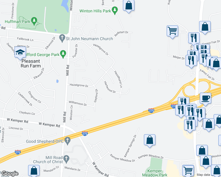 map of restaurants, bars, coffee shops, grocery stores, and more near 1444 Hartwood Drive in Cincinnati