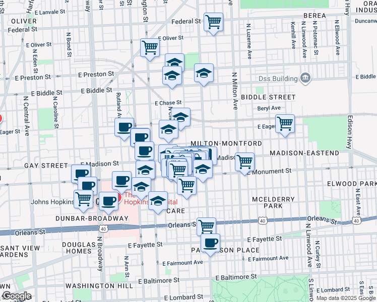 map of restaurants, bars, coffee shops, grocery stores, and more near 825 North Collington Avenue in Baltimore