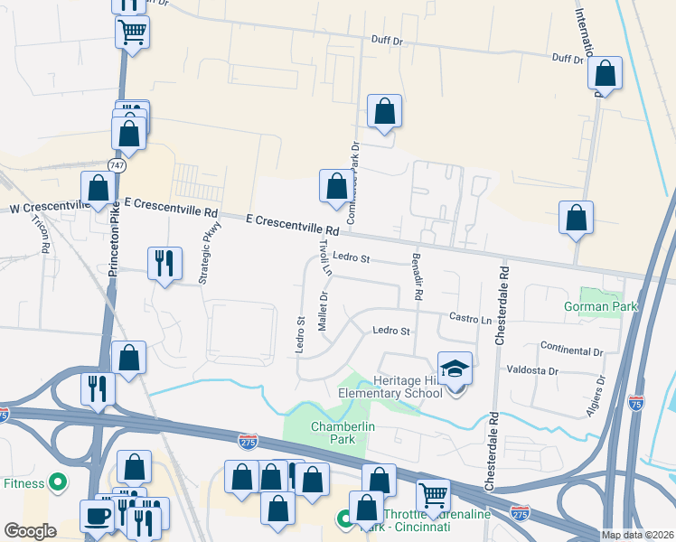 map of restaurants, bars, coffee shops, grocery stores, and more near 842 Tivoli Lane in Cincinnati