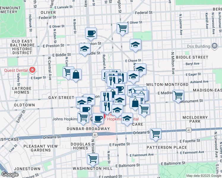 map of restaurants, bars, coffee shops, grocery stores, and more near 820 North Wolfe Street in Baltimore