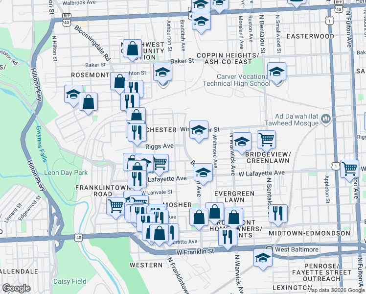 map of restaurants, bars, coffee shops, grocery stores, and more near 1036 Braddish Avenue in Baltimore