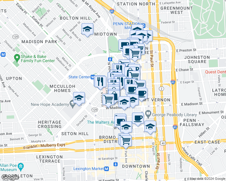 map of restaurants, bars, coffee shops, grocery stores, and more near 873 North Howard Street in Baltimore