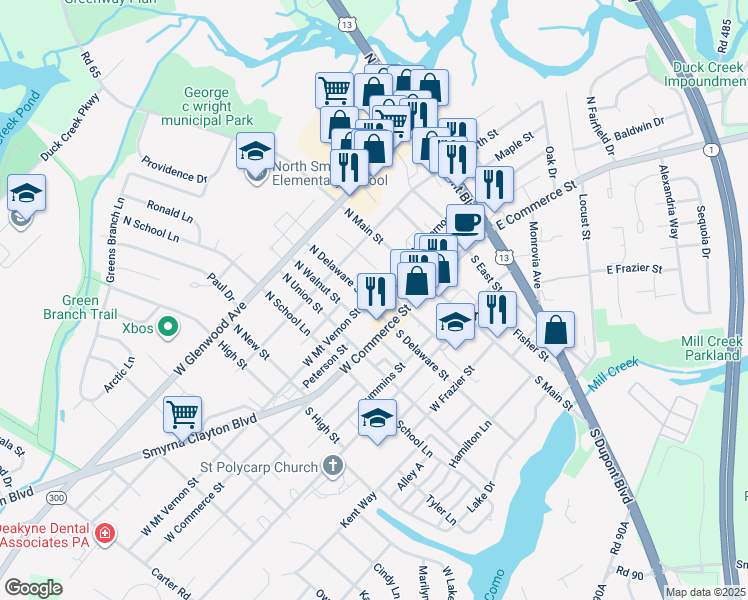 map of restaurants, bars, coffee shops, grocery stores, and more near 45 West Mount Vernon Street in Smyrna