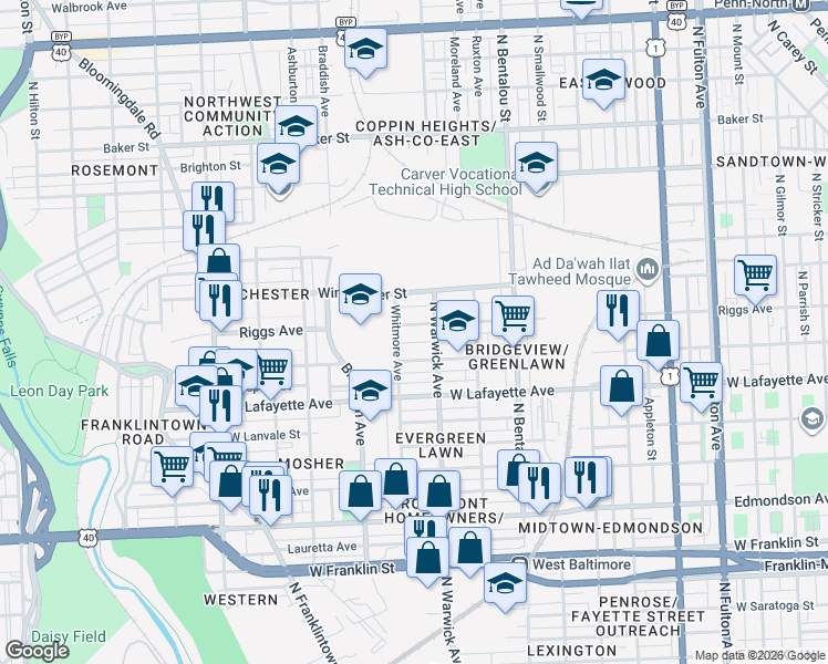 map of restaurants, bars, coffee shops, grocery stores, and more near 2511 Riggs Avenue in Baltimore