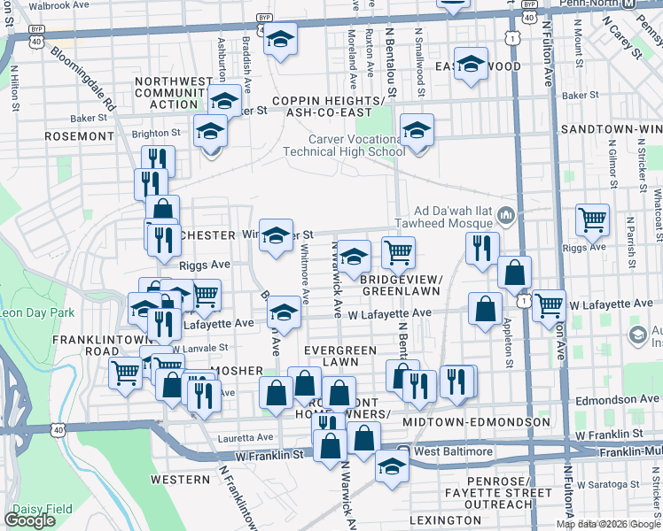 map of restaurants, bars, coffee shops, grocery stores, and more near 1012 North Warwick Avenue in Baltimore