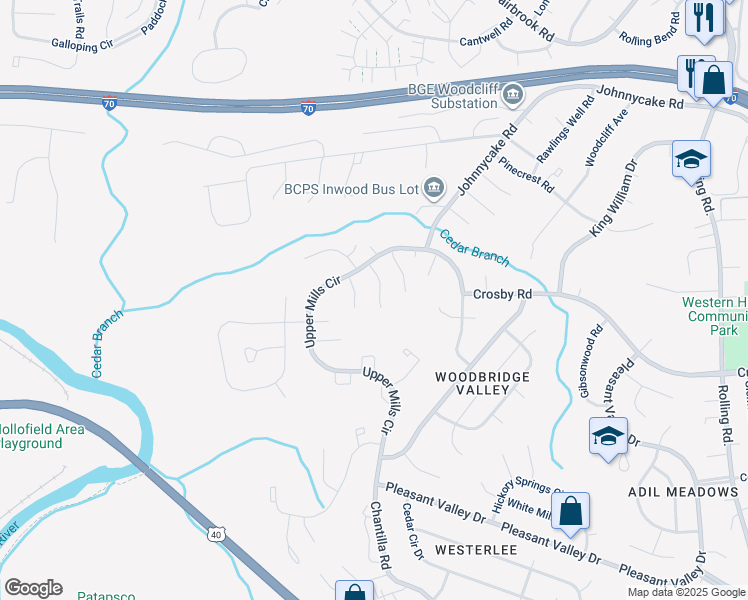 map of restaurants, bars, coffee shops, grocery stores, and more near 12 Stout Run Court in Catonsville