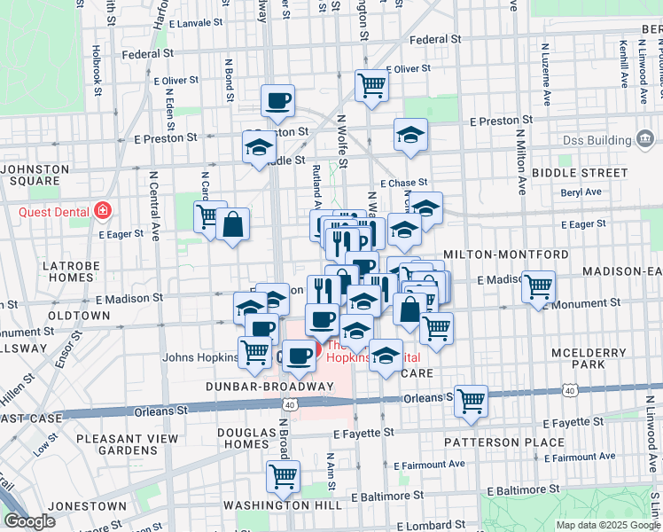 map of restaurants, bars, coffee shops, grocery stores, and more near 1809 Ashland Avenue in Baltimore