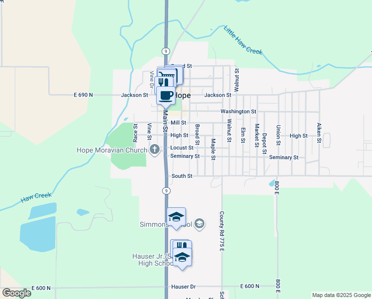 map of restaurants, bars, coffee shops, grocery stores, and more near 207 Harrison Street in Hope