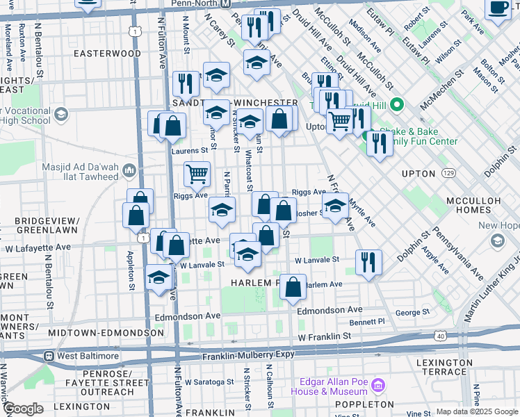 map of restaurants, bars, coffee shops, grocery stores, and more near 1004 North Calhoun Street in Baltimore
