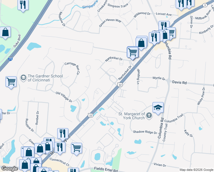 map of restaurants, bars, coffee shops, grocery stores, and more near 3455 Nantucket Circle in Loveland